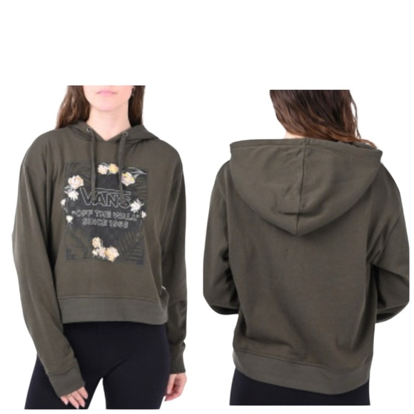 Vans Women’s Olive Green Floral Cropped Long Sleeve Hoodie Pullover Sweater L - Picture 1 of 13